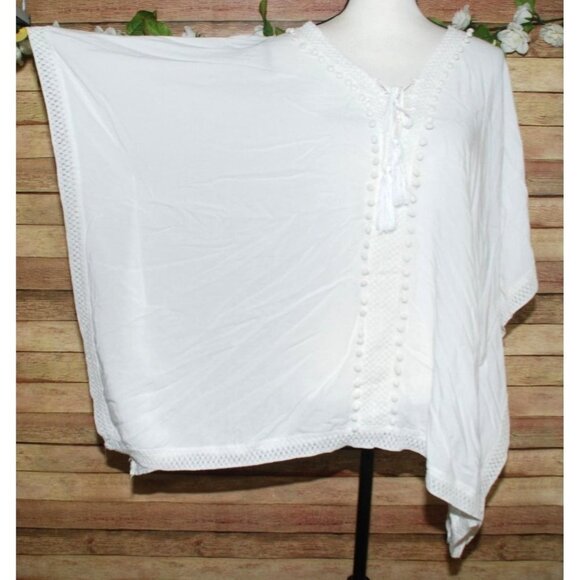 Bindya White Boho Top One Size Oversized Caftan Lace Pom Poms Tassels Viscose - Picture 6 of 11